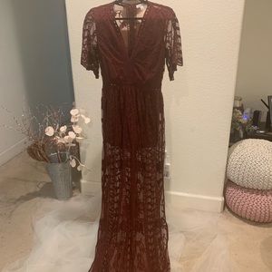 Burgundy romper with sheer overlay